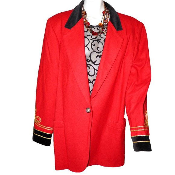 Women's Red Wool Blazer Jacket w/ Metallic Scroll - Picture 6 of 9